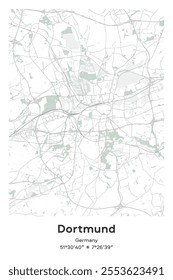 Editable vector poster map of Dortmund, Germany, showcasing detailed street layouts, main roads, neighborhoods, and landmarks in Pastel, Gray, White, Green colors.