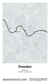 Editable vector poster map of Dresden, Germany, showcasing detailed street layouts, main roads, neighborhoods, and landmarks in Gray, Black, White, BW colors.