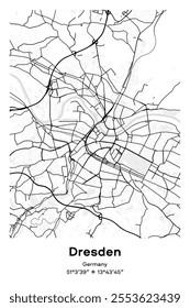 Editable vector poster map of Dresden, Germany, showcasing detailed street layouts, main roads, neighborhoods, and landmarks in Black, white, gray, BW colors.