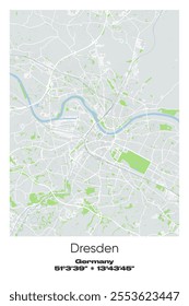 Editable vector poster map of Dresden, Germany, showcasing detailed street layouts, main roads, neighborhoods, and landmarks in Gray, white, green, blue colors.