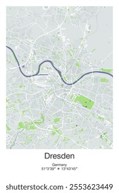 Editable vector poster map of Dresden, Germany, showcasing detailed street layouts, main roads, neighborhoods, and landmarks in Gray, Blue, Green, White colors.