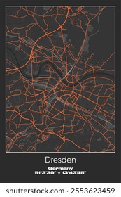 Editable vector poster map of Dresden, Germany, showcasing detailed street layouts, main roads, neighborhoods, and landmarks in Gray, Black, Orange colors.