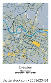 Editable vector poster map of Dresden, Germany, showcasing detailed street layouts, main roads, neighborhoods, and landmarks in Blue, Gray, Yellow, Olive colors.