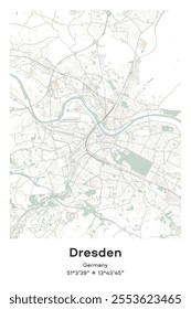 Editable vector poster map of Dresden, Germany, showcasing detailed street layouts, main roads, neighborhoods, and landmarks in Pastel, Gray, White, Green colors.