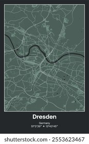 Editable vector poster map of Dresden, Germany, showcasing detailed street layouts, main roads, neighborhoods, and landmarks in Dark gray, Gray, Green, gray-green colors.