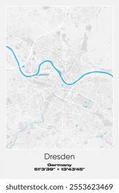 Editable vector poster map of Dresden, Germany, showcasing detailed street layouts, main roads, neighborhoods, and landmarks in Gray, white, blue colors.