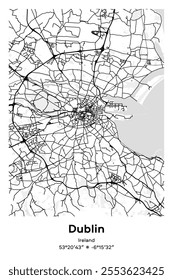 Editable vector poster map of Dublin, Ireland, showcasing detailed street layouts, main roads, neighborhoods, and landmarks in Black, white, gray, BW colors.