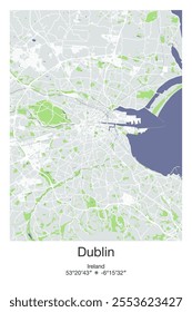 Editable vector poster map of Dublin, Ireland, showcasing detailed street layouts, main roads, neighborhoods, and landmarks in Gray, Blue, Green, White colors.