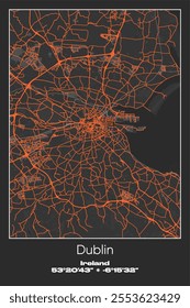 Editable vector poster map of Dublin, Ireland, showcasing detailed street layouts, main roads, neighborhoods, and landmarks in Gray, Black, Orange colors.