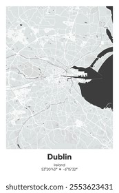 Editable vector poster map of Dublin, Ireland, showcasing detailed street layouts, main roads, neighborhoods, and landmarks in Gray, Black, White, BW colors.