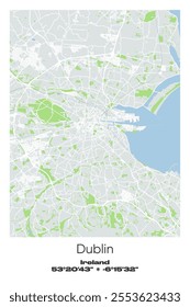 Editable vector poster map of Dublin, Ireland, showcasing detailed street layouts, main roads, neighborhoods, and landmarks in Gray, white, green, blue colors.