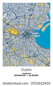 Editable vector poster map of Dublin, Ireland, showcasing detailed street layouts, main roads, neighborhoods, and landmarks in Blue, Gray, Yellow, Olive colors.