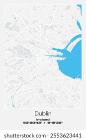 Editable vector poster map of Dublin, Ireland, showcasing detailed street layouts, main roads, neighborhoods, and landmarks in Gray, white, blue colors.