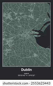 Editable vector poster map of Dublin, Ireland, showcasing detailed street layouts, main roads, neighborhoods, and landmarks in Dark gray, Gray, Green, gray-green colors.