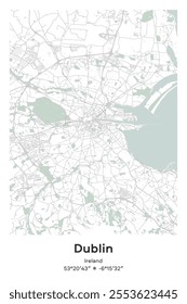 Editable vector poster map of Dublin, Ireland, showcasing detailed street layouts, main roads, neighborhoods, and landmarks in Pastel, Gray, White, Green colors.