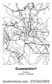 Editable vector poster map of Duesseldorf, Germany, showcasing detailed street layouts, main roads, neighborhoods, and landmarks in Black, white, gray, BW colors.