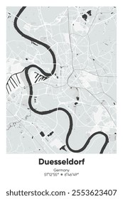 Editable vector poster map of Duesseldorf, Germany, showcasing detailed street layouts, main roads, neighborhoods, and landmarks in Gray, Black, White, BW colors.