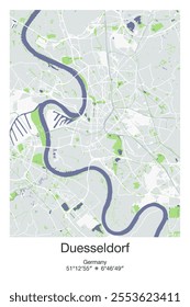 Editable vector poster map of Duesseldorf, Germany, showcasing detailed street layouts, main roads, neighborhoods, and landmarks in Gray, Blue, Green, White colors.