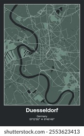 Editable vector poster map of Duesseldorf, Germany, showcasing detailed street layouts, main roads, neighborhoods, and landmarks in Dark gray, Gray, Green, gray-green colors.