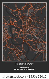 Editable vector poster map of Duesseldorf, Germany, showcasing detailed street layouts, main roads, neighborhoods, and landmarks in Gray, Black, Orange colors.