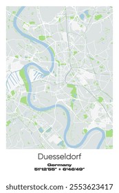 Editable vector poster map of Duesseldorf, Germany, showcasing detailed street layouts, main roads, neighborhoods, and landmarks in Gray, white, green, blue colors.