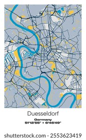 Editable vector poster map of Duesseldorf, Germany, showcasing detailed street layouts, main roads, neighborhoods, and landmarks in Blue, Gray, Yellow, Olive colors.