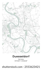 Editable vector poster map of Duesseldorf, Germany, showcasing detailed street layouts, main roads, neighborhoods, and landmarks in Pastel, Gray, White, Green colors.