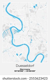 Editable vector poster map of Duesseldorf, Germany, showcasing detailed street layouts, main roads, neighborhoods, and landmarks in Gray, white, blue colors.