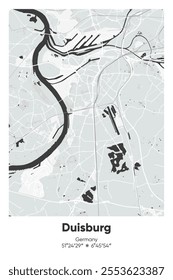 Editable vector poster map of Duisburg, Germany, showcasing detailed street layouts, main roads, neighborhoods, and landmarks in Gray, Black, White, BW colors.