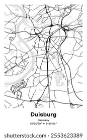 Editable vector poster map of Duisburg, Germany, showcasing detailed street layouts, main roads, neighborhoods, and landmarks in Black, white, gray, BW colors.