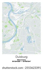 Editable vector poster map of Duisburg, Germany, showcasing detailed street layouts, main roads, neighborhoods, and landmarks in Gray, white, green, blue colors.