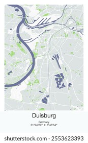 Editable vector poster map of Duisburg, Germany, showcasing detailed street layouts, main roads, neighborhoods, and landmarks in Gray, Blue, Green, White colors.