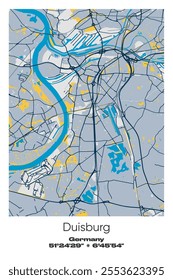 Editable vector poster map of Duisburg, Germany, showcasing detailed street layouts, main roads, neighborhoods, and landmarks in Blue, Gray, Yellow, Olive colors.