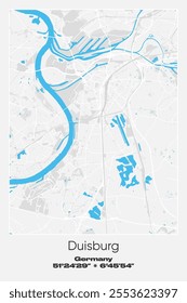 Editable vector poster map of Duisburg, Germany, showcasing detailed street layouts, main roads, neighborhoods, and landmarks in Gray, white, blue colors.