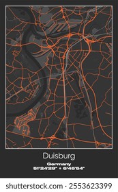 Editable vector poster map of Duisburg, Germany, showcasing detailed street layouts, main roads, neighborhoods, and landmarks in Gray, Black, Orange colors.