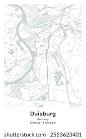 Editable vector poster map of Duisburg, Germany, showcasing detailed street layouts, main roads, neighborhoods, and landmarks in Pastel, Gray, White, Green colors.