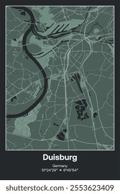 Editable vector poster map of Duisburg, Germany, showcasing detailed street layouts, main roads, neighborhoods, and landmarks in Dark gray, Gray, Green, gray-green colors.