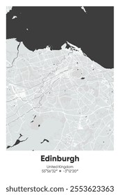 Editable vector poster map of Edinburgh, United Kingdom, showcasing detailed street layouts, main roads, neighborhoods, and landmarks in Gray, Black, White, BW colors.