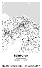 Editable vector poster map of Edinburgh, United Kingdom, showcasing detailed street layouts, main roads, neighborhoods, and landmarks in Black, white, gray, BW colors.