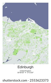 Editable vector poster map of Edinburgh, United Kingdom, showcasing detailed street layouts, main roads, neighborhoods, and landmarks in Gray, Blue, Green, White colors.