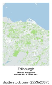 Editable vector poster map of Edinburgh, United Kingdom, showcasing detailed street layouts, main roads, neighborhoods, and landmarks in Gray, white, green, blue colors.