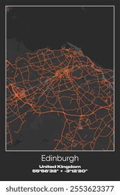 Editable vector poster map of Edinburgh, United Kingdom, showcasing detailed street layouts, main roads, neighborhoods, and landmarks in Gray, Black, Orange colors.