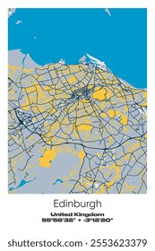 Editable vector poster map of Edinburgh, United Kingdom, showcasing detailed street layouts, main roads, neighborhoods, and landmarks in Blue, Gray, Yellow, Olive colors.