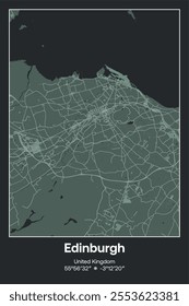 Editable vector poster map of Edinburgh, United Kingdom, showcasing detailed street layouts, main roads, neighborhoods, and landmarks in Dark gray, Gray, Green, gray-green colors.