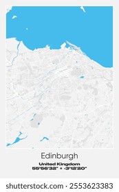 Editable vector poster map of Edinburgh, United Kingdom, showcasing detailed street layouts, main roads, neighborhoods, and landmarks in Gray, white, blue colors.