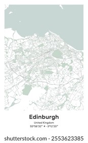 Editable vector poster map of Edinburgh, United Kingdom, showcasing detailed street layouts, main roads, neighborhoods, and landmarks in Pastel, Gray, White, Green colors.