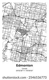 Editable vector poster map of Edmonton, Canada, showcasing detailed street layouts, main roads, neighborhoods, and landmarks in Black, white, gray, BW colors.
