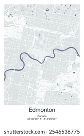 Editable vector poster map of Edmonton, Canada, showcasing detailed street layouts, main roads, neighborhoods, and landmarks in Gray, Blue, Green, White colors.