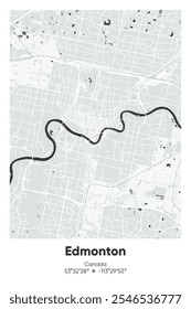 Editable vector poster map of Edmonton, Canada, showcasing detailed street layouts, main roads, neighborhoods, and landmarks in Gray, Black, White, BW colors.