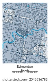 Editable vector poster map of Edmonton, Canada, showcasing detailed street layouts, main roads, neighborhoods, and landmarks in Blue, Gray, Yellow, Olive colors.